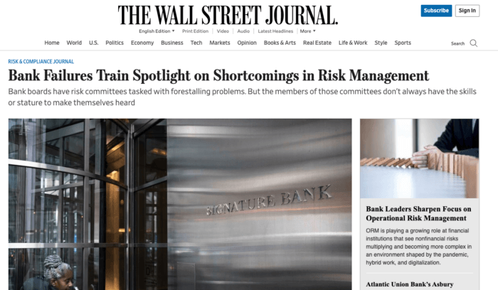 WSJ: Bank Failures Train Spotlight on Shortcomings in Risk Management