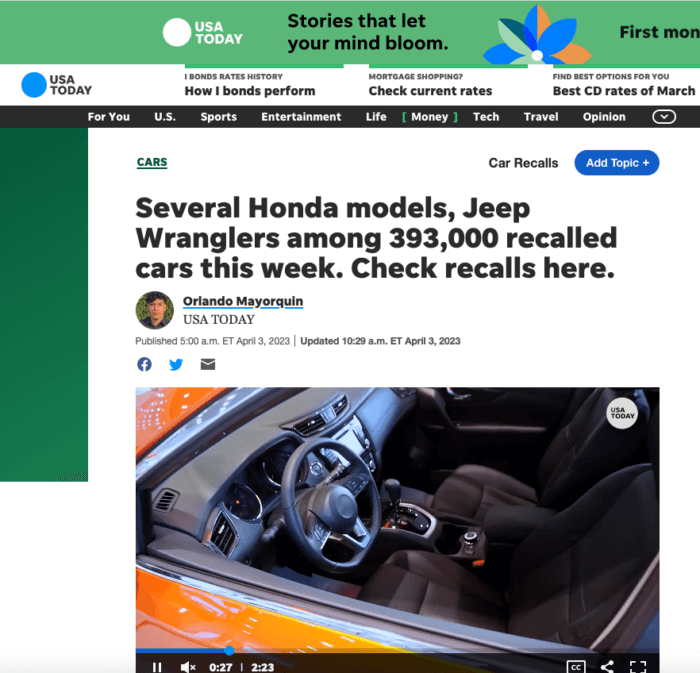 USA Today: Several Honda models, Jeep Wranglers among 393,000 recalled cars this week. Check recalls here.