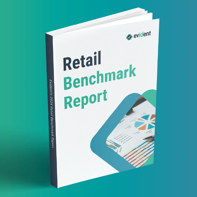 Cover of Evident's Retail Benchmark Report, showcasing a modern design with the title in bold typography and colorful data charts