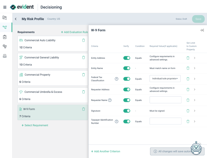 AI-driven automated evaluations COI Tracking Evident Product Screenshot