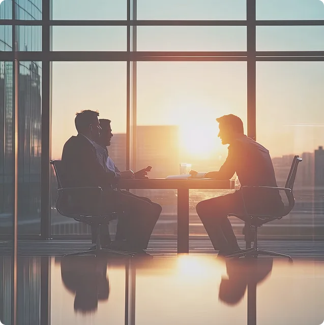 Men sitting at a table in high rise building